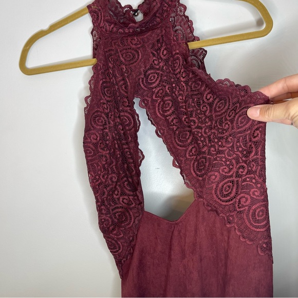 FASHION NOVA Burgundy Lace and Faux Suede Criss Cross Front and Back Dress MED - Picture 2 of 6